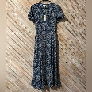 NWT Max Studio Navy & Cream Floral Layered Tie Waist Long V Neck Dress